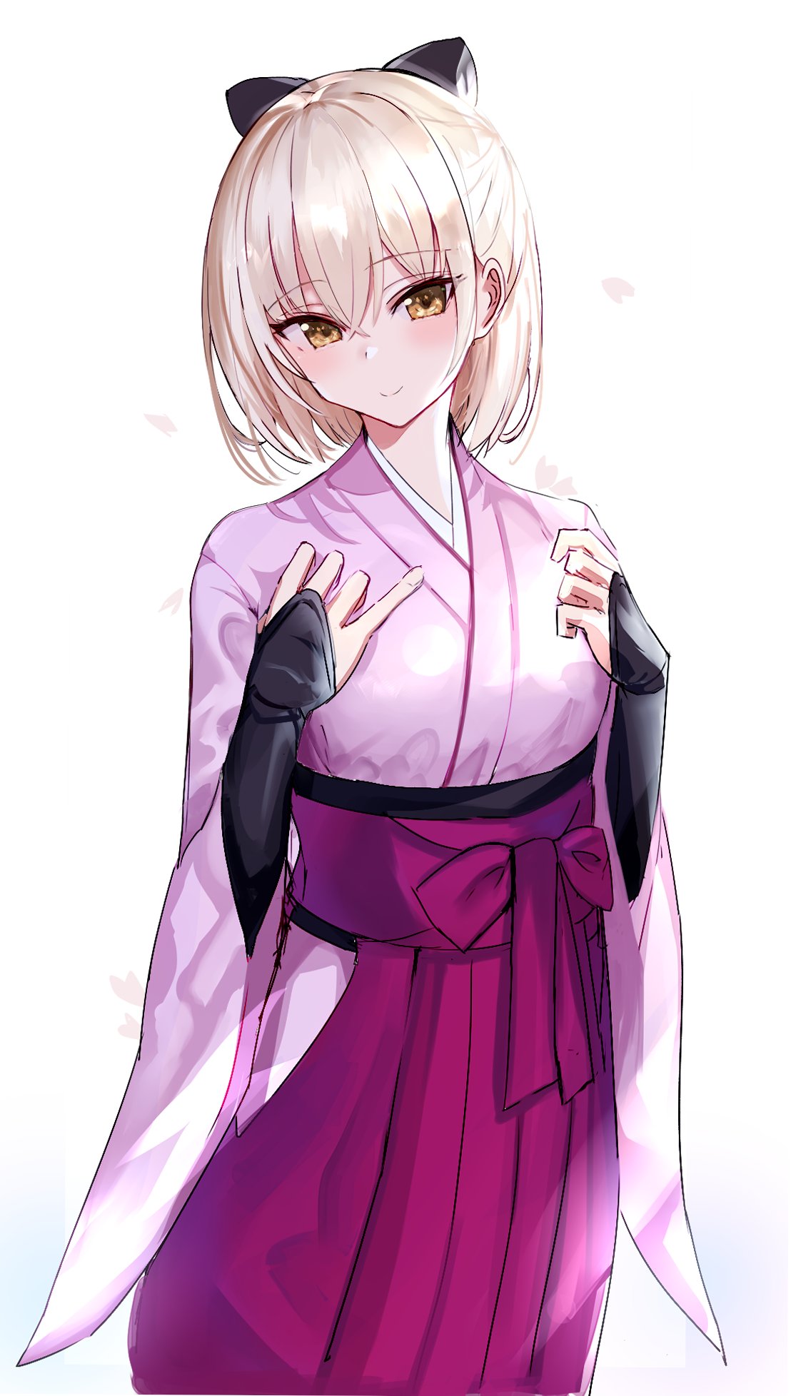 1girl arm_guards bangs black_bow blonde_hair blush bow closed_mouth eyebrows_visible_through_hair fate_(series) feet_out_of_frame hair_bow hakama hanasaka_houcha hands_on_own_chest highres hip_vent japanese_clothes kimono koha-ace long_sleeves looking_at_viewer okita_souji_(fate) okita_souji_(fate)_(all) petals pink_hakama pink_kimono short_hair simple_background smile solo standing white_background wide_sleeves yellow_eyes