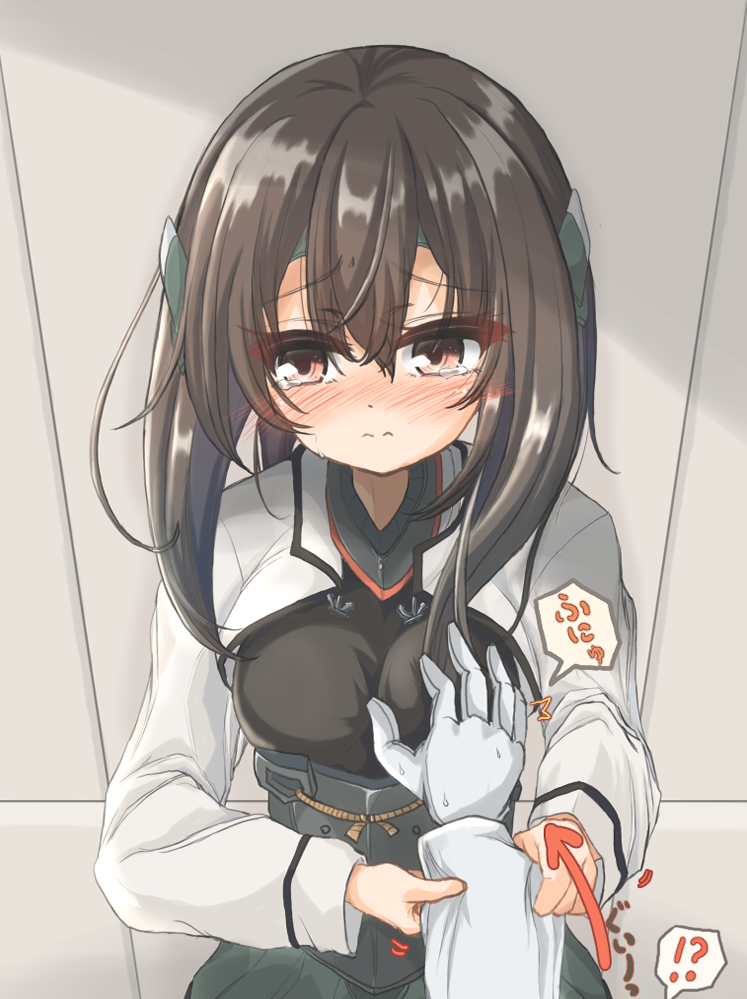 1boy 1girl admiral_(kantai_collection) alternate_breast_size blush breast_grab breasts brown_eyes brown_hair corset gloves grabbing grey_skirt guided_breast_grab headgear indoors jacket kantai_collection kasashi_(kasasi008) long_sleeves medium_breasts military military_uniform naval_uniform shirt skirt solo_focus taihou_(kantai_collection) tears uniform white_gloves