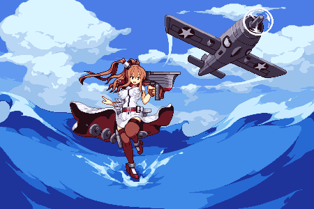 1girl aircraft airplane breast_pocket breasts brown_hair brown_legwear clouds day dress flight_deck holding kantai_collection large_breasts leg_up long_hair lowres open_mouth outdoors pixel_art pocket ponytail saratoga_(kantai_collection) short_sleeves side_ponytail sky solo thigh-highs warabin_(suteki_denpun) water white_dress