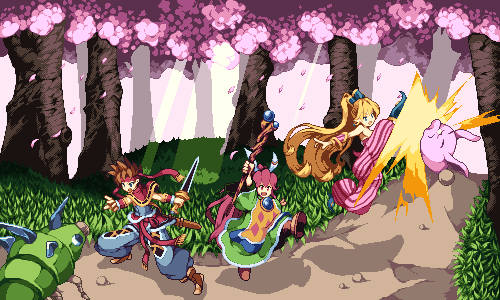 1boy 2girls bangs blonde_hair boots brown_hair cherry_blossoms day fingerless_gloves gloves grass headband holding holding_staff holding_weapon jewelry kicking long_hair lowres monster multiple_girls open_mouth outdoors pants petals pixel_art popoi primm randi redhead seiken_densetsu seiken_densetsu_2 staff standing striped striped_pants tree warabin_(suteki_denpun) weapon