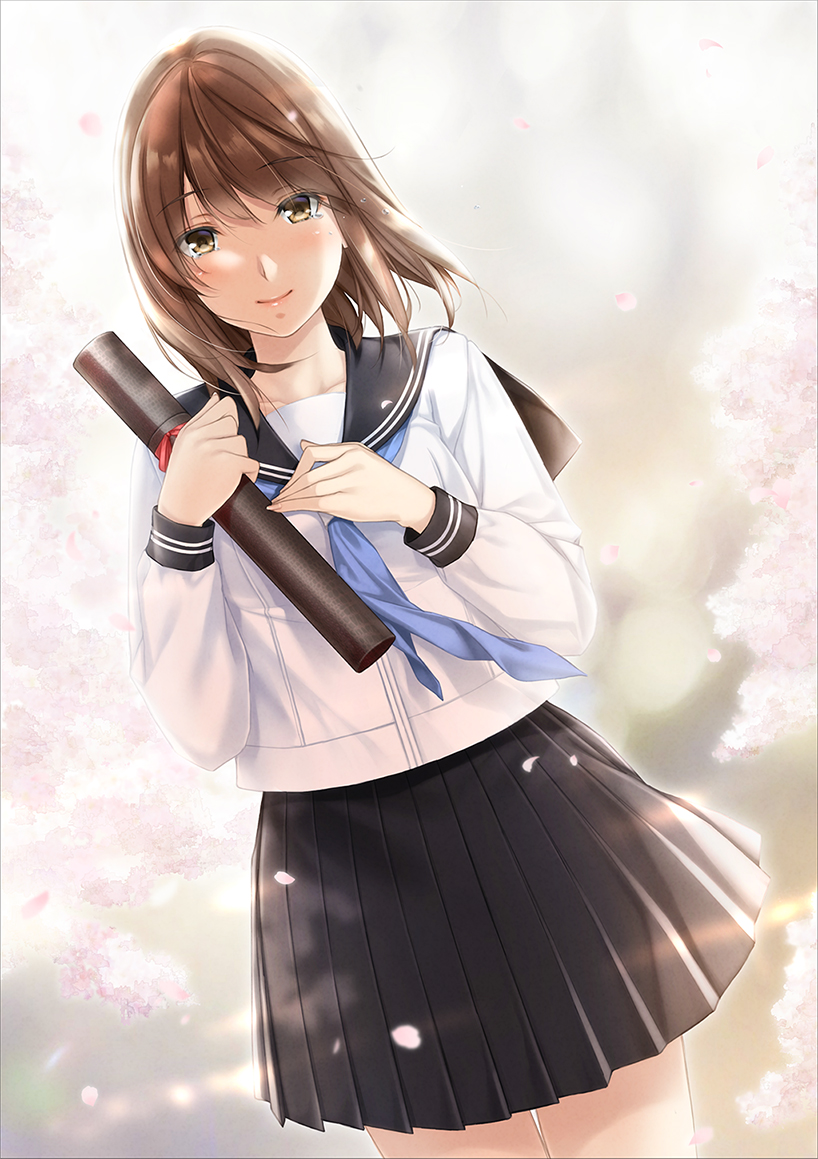 1girl black_sailor_collar black_skirt blue_neckwear breasts brown_eyes brown_hair commentary_request diploma facing_viewer graduation hand_on_own_chest long_sleeves looking_at_viewer medium_breasts nayuta69 neckerchief original sailor_collar school_uniform serafuku shirt skirt smile solo tearing_up white_shirt