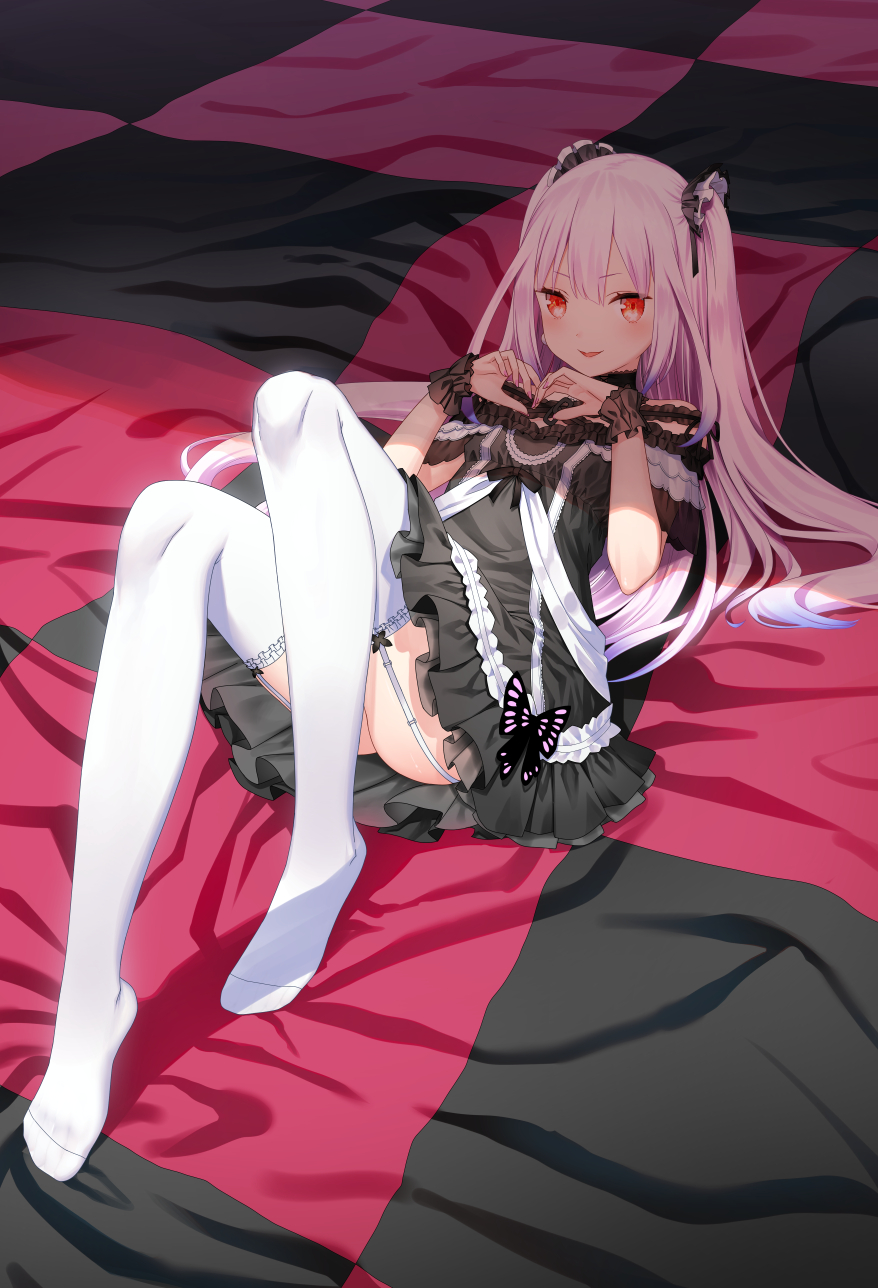 1girl bed_sheet black_dress black_ribbon breasts butterfly_ornament checkered dress garter_straps hair_ribbon hands highres hololive knees_up lace_trim long_hair looking_at_viewer lying maid_dress no_shoes on_back pink_hair red_eyes ribbon small_breasts smile thigh-highs twintails uruha_rushia virtual_youtuber w_arms white_legwear wrist_wrap yasuyuki
