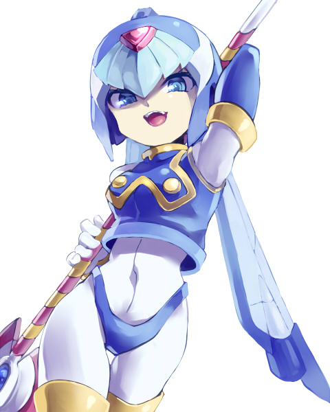 1girl android blue_eyes breasts covered_navel cowboy_shot helmet holding holding_weapon leviathan_(rockman) looking_at_viewer medium_breasts open_mouth polearm rockman rockman_zero simple_background smile solo spear weapon white_background yosaki77