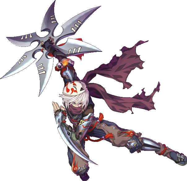 1boy giant_shuriken holding_weapon mask_on_head mini_fighter ninja official_art ryusei_(mini_fighter) scarf solo white_hair