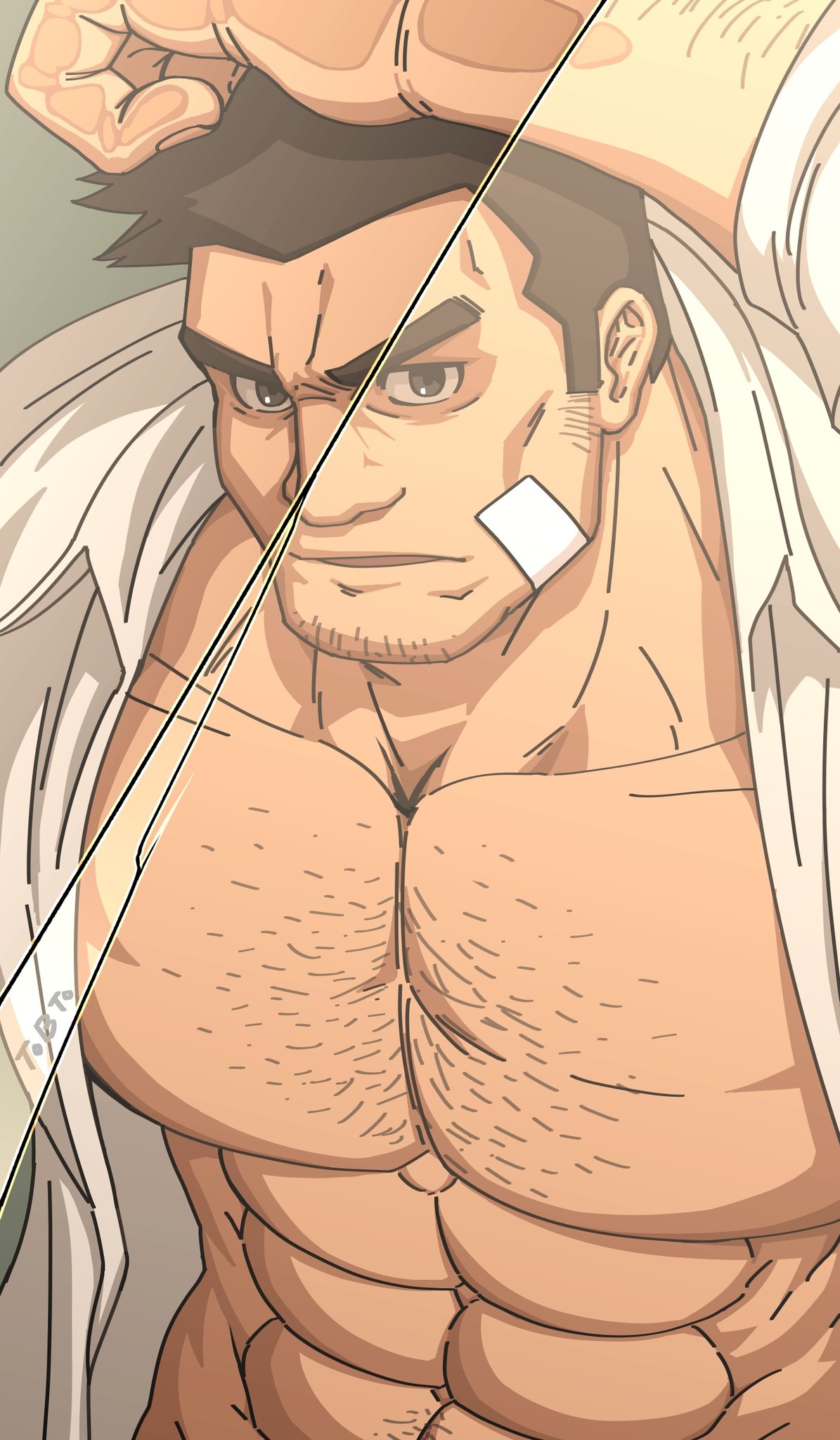 1boy abs arm_up bandage_on_face bandages bara bare_chest body_hair brown_eyes brown_hair chest chest_hair dobito_mn facial_hair gyakuten_saiban hairy highres itonokogiri_keisuke looking_at_viewer male_focus manly muscle navel navel_hair open_clothes open_shirt short_hair sideburns solo stubble upper_body