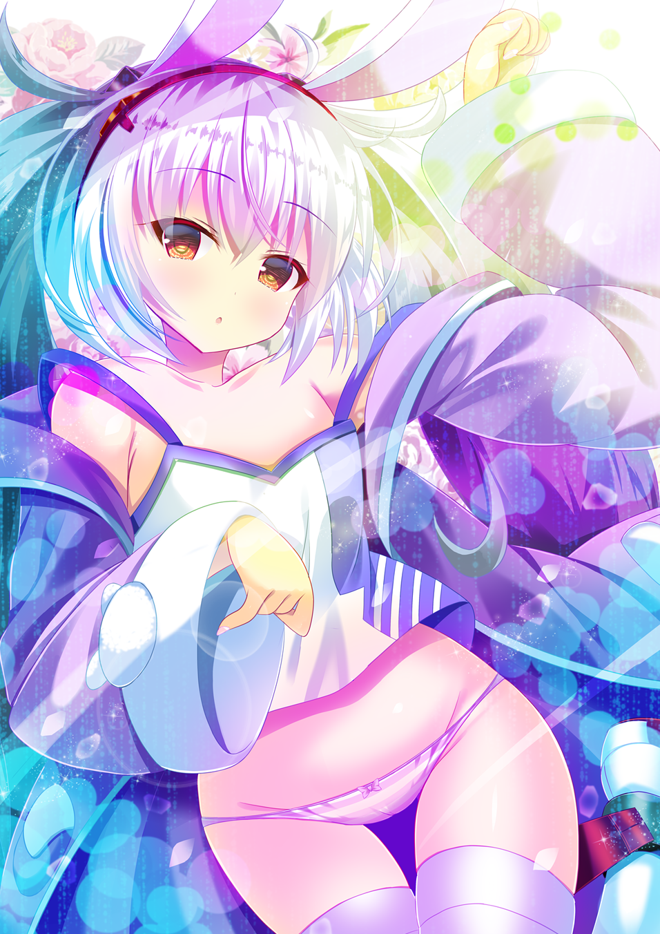 1girl animal_ears azur_lane bangs blush boots camisole eyebrows_visible_through_hair fake_animal_ears groin hairband highres jacket laffey_(azur_lane) no_pants off_shoulder panties pink_jacket pink_panties rabbit_ears regress rudder_footwear solo striped striped_panties thigh-highs thigh_gap twintails underwear white_camisole white_hair white_legwear wide_sleeves yellow_eyes