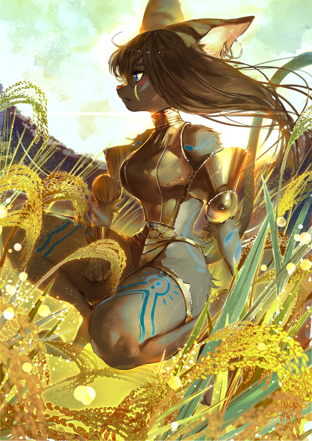 1girl animal_ears bare_shoulders blue_eyes breasts brown_hair closed_mouth copyright_request dark_skin earrings eyeshadow floating_hair from_side full_moon furry highres hoojiro jewelry large_breasts leotard long_hair makeup moon one_knee paws profile solo thighlet yellow_leotard