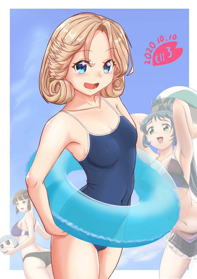 3girls artist_logo bangs blonde_hair blue_background blue_eyes blue_swimsuit breasts commentary_request competition_swimsuit cowboy_shot dated innertube irako_(kantai_collection) janus_(kantai_collection) kantai_collection moke_ro multiple_girls myoukou_(kantai_collection) one-piece_swimsuit parted_bangs school_swimsuit short_hair small_breasts solo_focus swimsuit