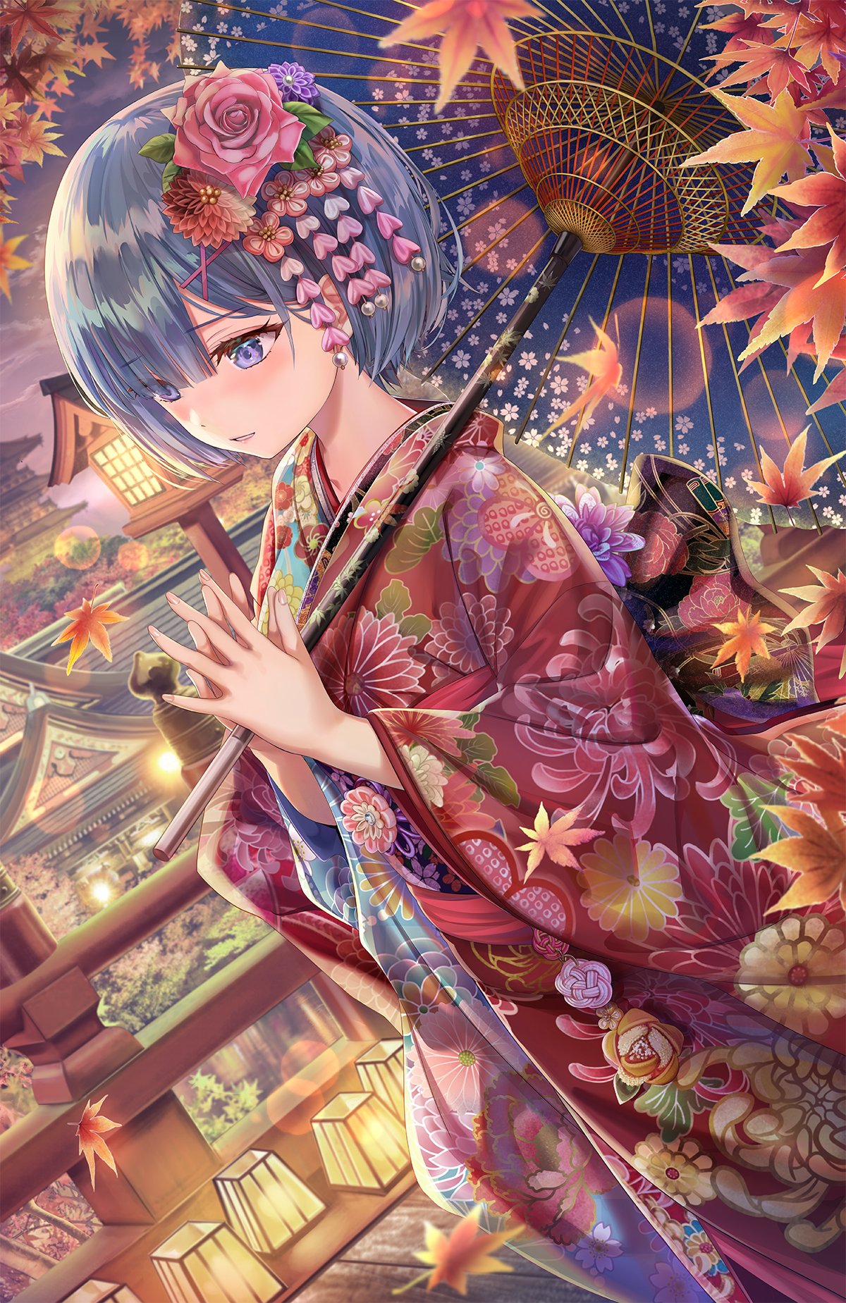 1girl alternate_costume alternate_hair_ornament architecture autumn_leaves bangs blue_eyes blue_hair blue_kimono blush bridge collarbone commentary_request dutch_angle east_asian_architecture eyebrows_visible_through_hair falling_leaves floral_print flower from_side hair_flower hair_ornament hands_together hands_up highres holding holding_umbrella japanese_clothes kanzashi kimono leaf long_sleeves multicolored multicolored_clothes multicolored_kimono obi oriental_umbrella outdoors own_hands_together parted_lips pink_flower print_kimono re:zero_kara_hajimeru_isekai_seikatsu red_kimono rem_(re:zero) sash smile solo torino_akua umbrella wide_sleeves