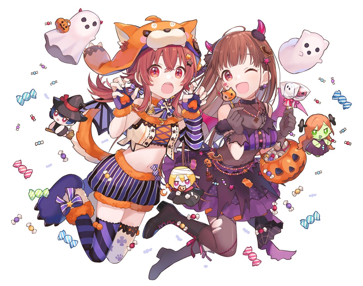 2girls ;d animal_hat arisugawa_natsuha arm_cuffs bat_hair_ornament bat_wings black_footwear black_gloves boots brown_hair bubble_skirt candy chiri_(ch!) commentary_request covered_navel demon_horns fingerless_gloves food full_body ghost gloves hair_down hair_ornament halloween halloween_basket halloween_costume hat high_heel_boots high_heels horns houkago_climax_girls_(idolmaster) idolmaster idolmaster_shiny_colors jack-o'-lantern knee_boots komiya_kaho lollipop long_hair looking_at_viewer mismatched_legwear morino_rinze multiple_girls one_eye_closed open_mouth pantyhose pumpkin purple_skirt red_eyes redhead saijou_juri skirt sleeveless smile sonoda_chiyoko star_(symbol) star_hair_ornament symbol_commentary thigh-highs torn_clothes torn_legwear white_background wings