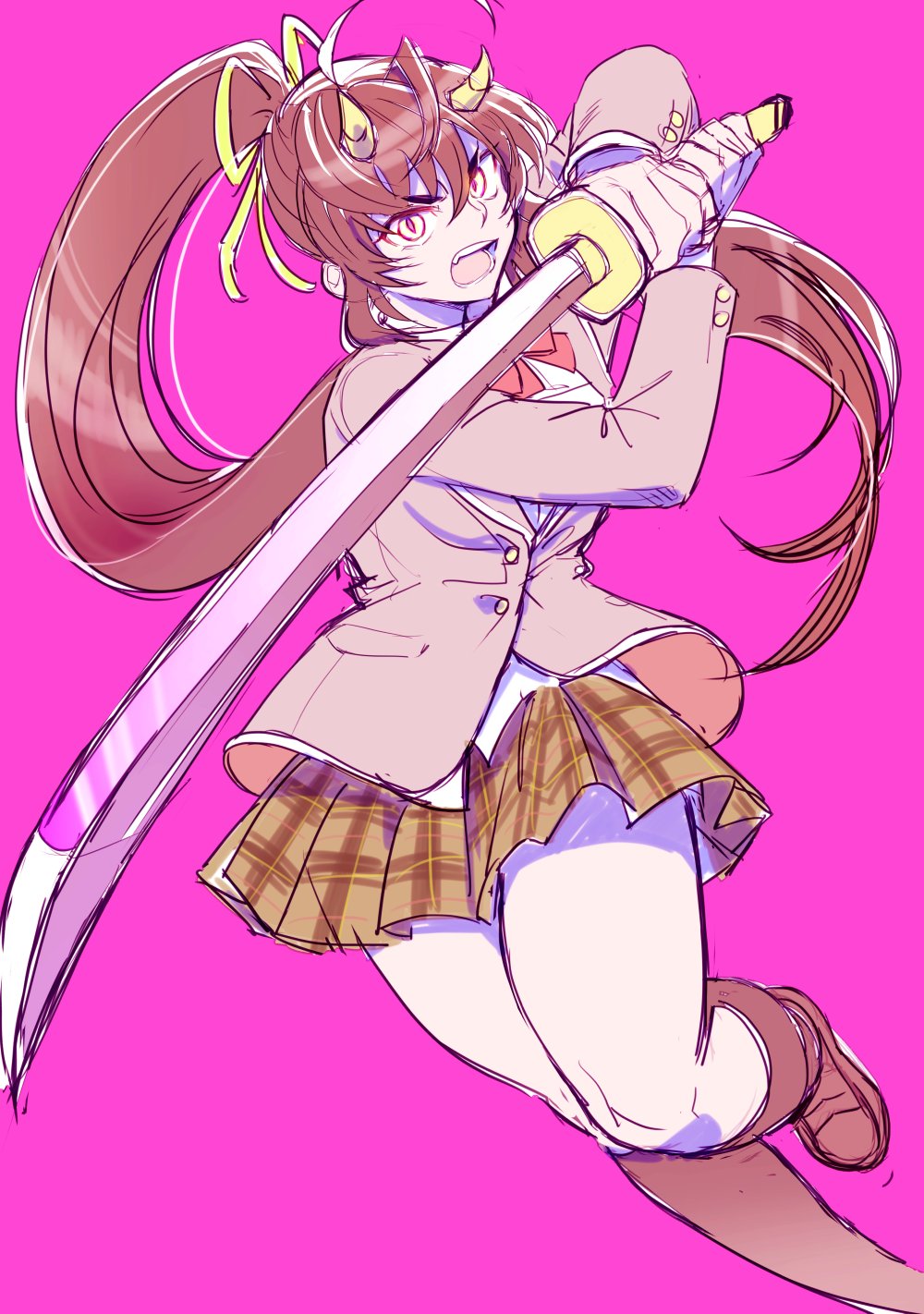 1girl bangs bow bowtie brown_hair dynamic_pose feet_out_of_frame fighting_stance glowing glowing_eyes hair_between_eyes hair_bow highres holding holding_sword holding_weapon horns katana long_hair looking_at_viewer open_mouth pink_background pleated_skirt ponytail school_uniform shoes sketch skirt suzuka_(tokyo_houkago_summoners) sword thighs tokyo_houkago_summoners weapon yakisoba_ohmori