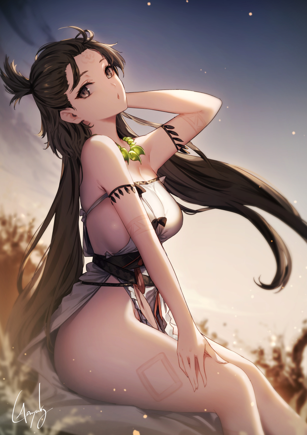 1girl bare_shoulders body_markings breasts brown_eyes brown_hair dress facial_mark fate/grand_order fate_(series) forehead genyaky head_tilt highres himiko_(fate) huge_breasts jewelry large_breasts long_hair looking_at_viewer magatama magatama_necklace necklace no_bra outdoors sideboob sitting smile sunset twintails