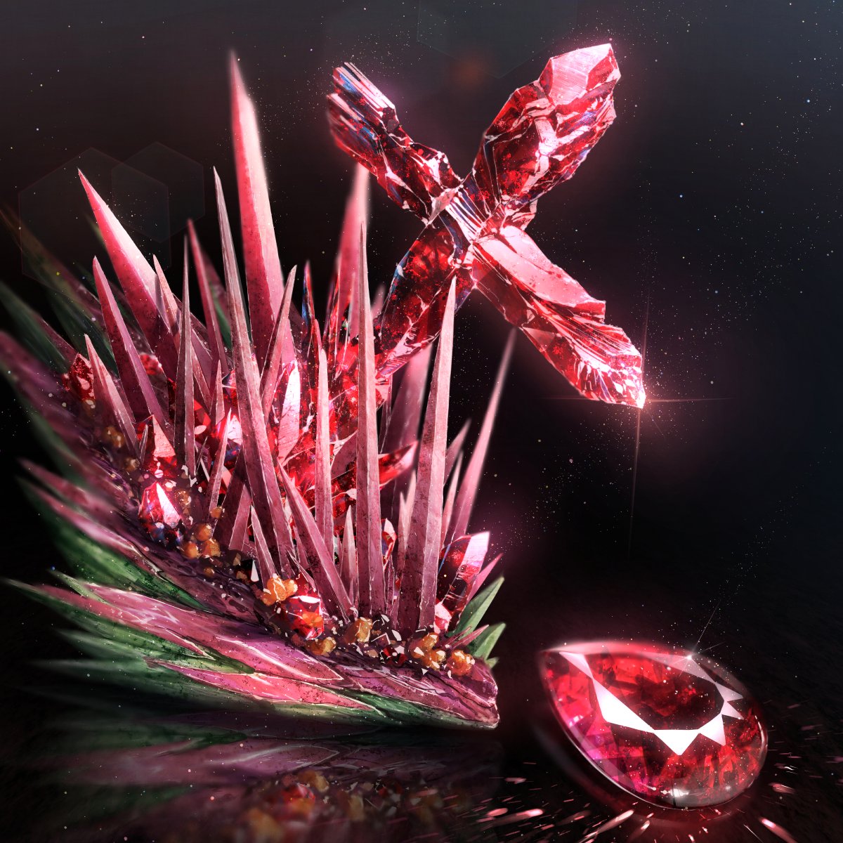 black_background cluseller commentary_request crystal glint gradient gradient_background highres jpeg_artifacts lens_flare light_particles no_humans original reflection rock ruby_(gemstone) shiny simple_background still_life