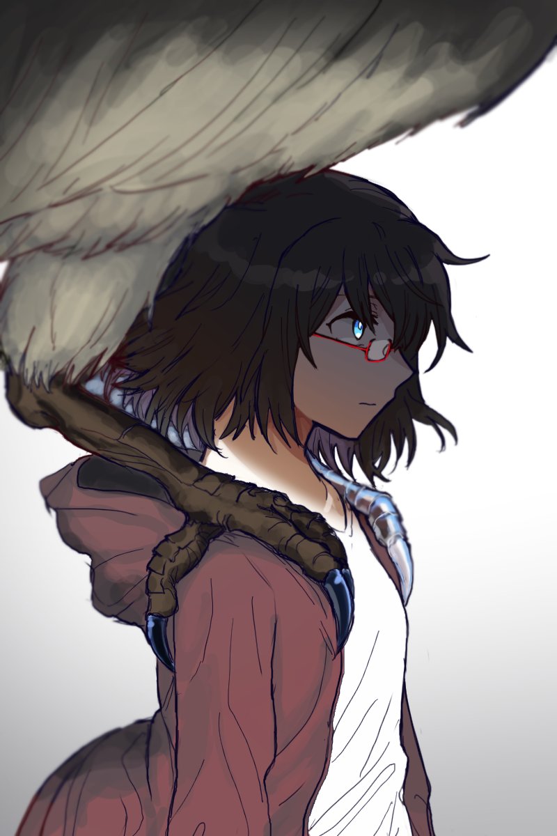 1girl animal bird black_hair claws coat eagle glasses highres kamikoshi_sorao namesake shadow short_hair simple_background solo standing standing_on_shoulder transparent_claw upper_body urasekai_picnic