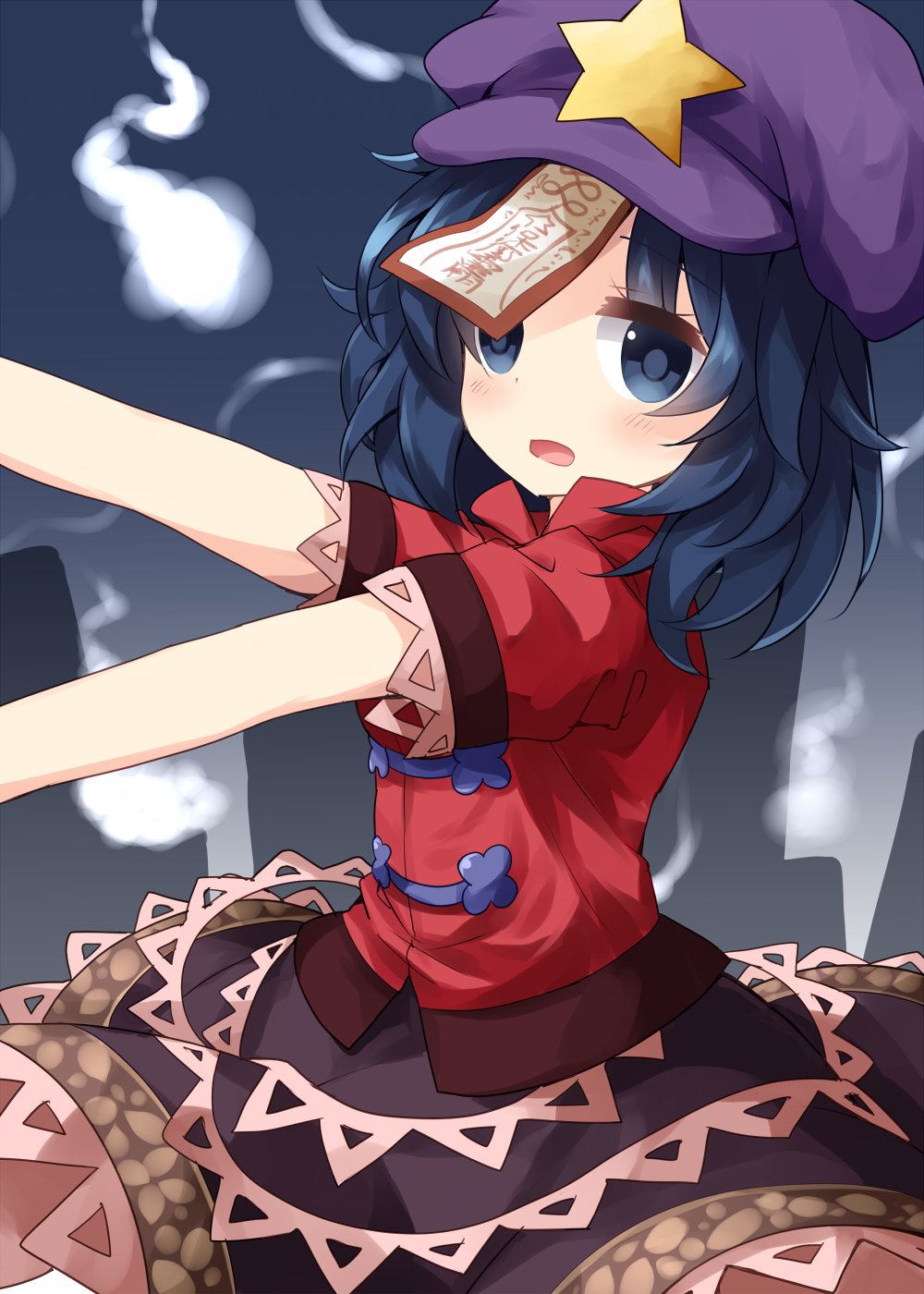 1girl bangs black_skirt blue_eyes blue_hair blush cabbie_hat commentary_request empty_eyes eyebrows_visible_through_hair eyes_visible_through_hair ghost gradient gradient_background graveyard hat highres jiangshi lace-trimmed_sleeves lace_trim looking_at_viewer medium_hair miyako_yoshika ofuda open_mouth outstretched_arms popped_collar purple_headwear red_shirt ruu_(tksymkw) shirt short_sleeves skirt solo star_(symbol) tombstone touhou upper_body zombie_pose