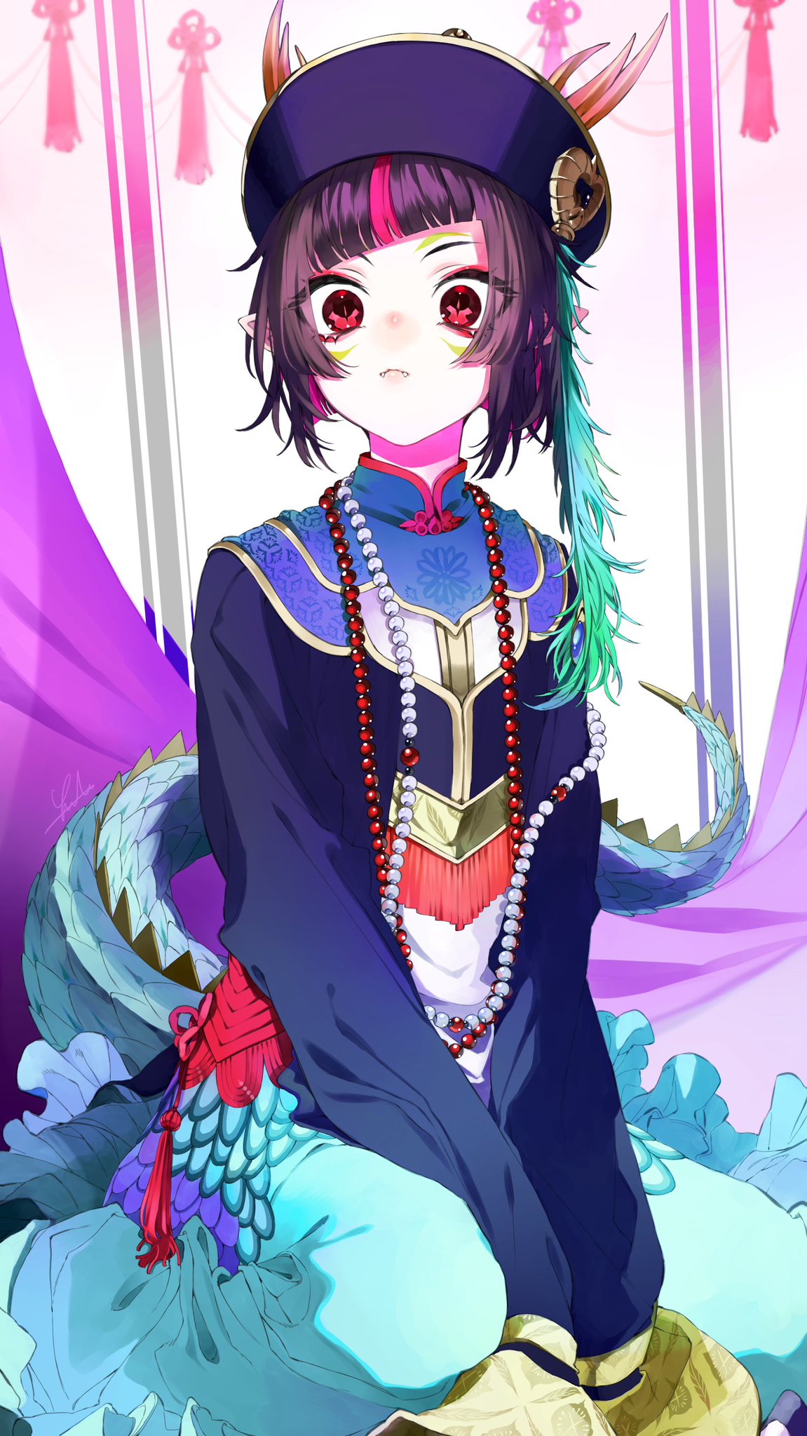 1boy alternate_costume bangs black_hair dragon_tail fangs halloween_costume hat highres jewelry kazanniro lilia_vanrouge looking_at_viewer male_focus multicolored_hair necklace pink_hair red_eyes short_hair sleeves_past_wrists solo tail twisted_wonderland two-tone_hair