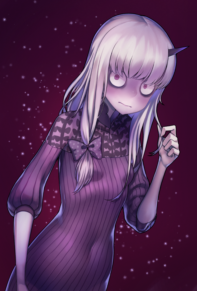 1girl albino bags_under_eyes black_dress breasts commentary_request covered_navel dress expressionless fate/grand_order fate_(series) horns hrtyuk lavinia_whateley_(fate/grand_order) long_hair long_sleeves looking_at_viewer purple_background silver_hair single_horn small_breasts solo violet_eyes wide-eyed