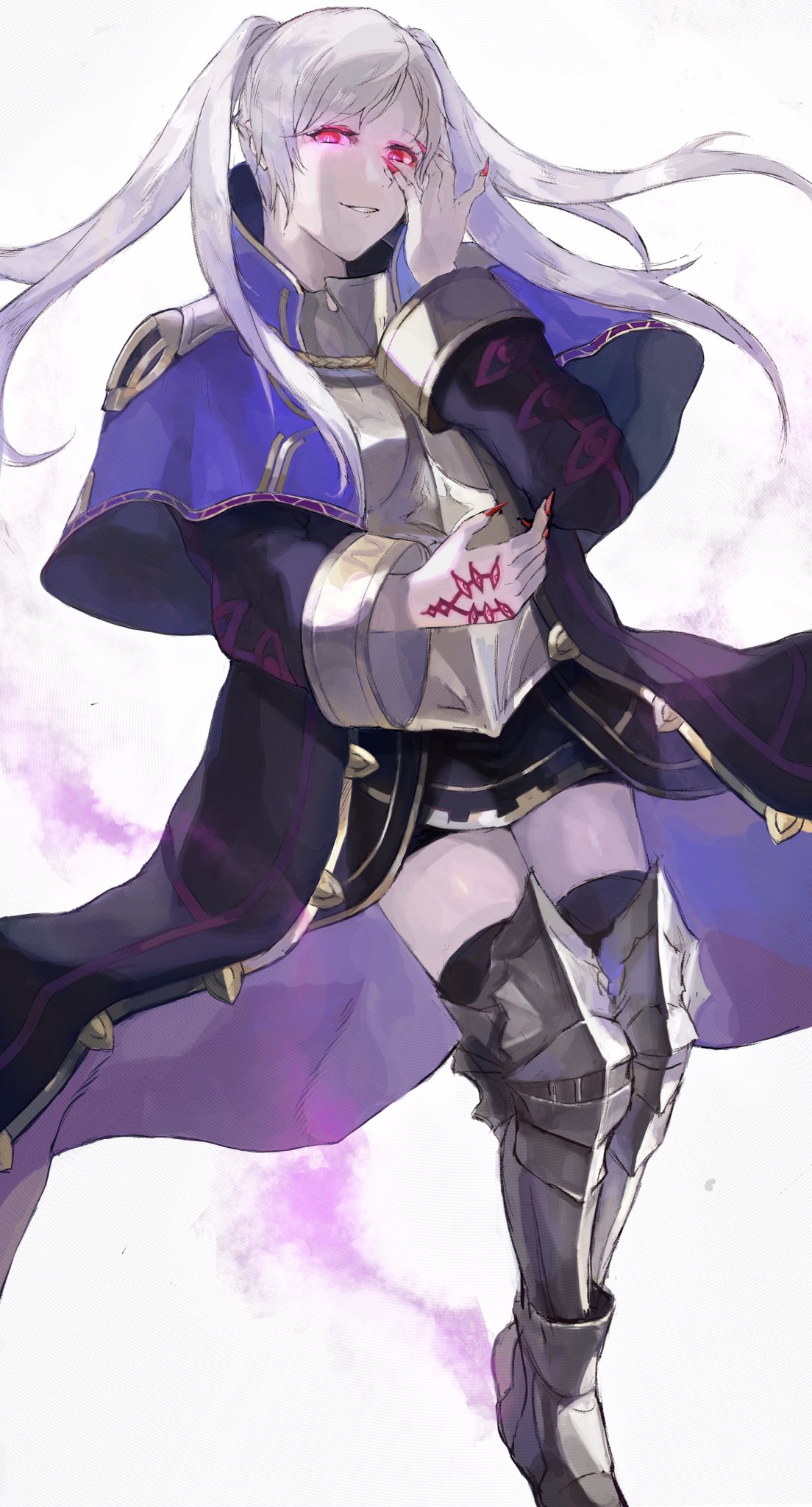 1girl aura dark_aura fire_emblem fire_emblem_awakening gimkamres04 grima_(fire_emblem) highres long_sleeves nail_polish parted_lips red_eyes robin_(fire_emblem) robin_(fire_emblem)_(female) simple_background solo twintails white_background