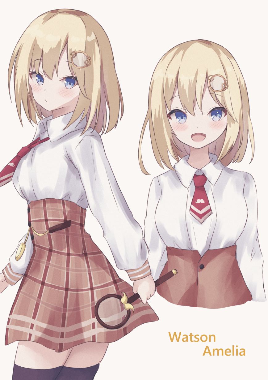 :d bangs blonde_hair blue_eyes bow breasts brown_bow brown_legwear brown_skirt collared_shirt cowboy_shot detective eyebrows_visible_through_hair from_side hair_ornament hayashi_maka high-waist_skirt highres holding holding_magnifying_glass hololive hololive_english light_blush long_sleeves looking_at_viewer medium_hair monocle monocle_hair_ornament multiple_views mustache_print necktie open_mouth plaid plaid_skirt pocket_watch pout red_neckwear shirt skirt smile standing straight_hair thigh-highs upper_body virtual_youtuber watch watson_amelia white_background white_shirt