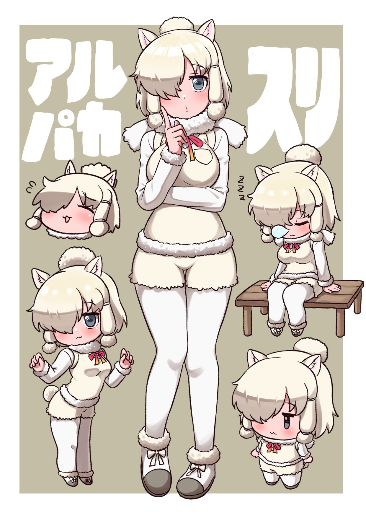 1girl :3 alpaca_ears alpaca_girl alpaca_suri_(kemono_friends) alpaca_tail animal_ears arms_at_sides bangs blonde_hair bodystocking breast_pocket character_name character_sheet chibi closed_eyes closed_mouth eyebrows_visible_through_hair flying_sweatdrops full_body fur-trimmed_sleeves fur_scarf fur_trim furrowed_eyebrows grey_eyes hair_bun hair_over_one_eye hand_up hands_up head_tilt highres horizontal_pupils index_finger_raised kemono_friends long_sleeves looking_at_viewer medium_hair multiple_views ngetyan nose_bubble parted_bangs pocket scarf shoes shorts sleeping sleeping_upright solo standing sweater_vest tail thigh_gap zzz