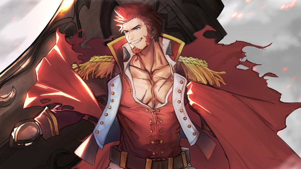 1boy belt blue_eyes brown_hair cannon chest chest_scar close-up collar epaulettes facial_hair fate/grand_order fate_(series) fighting_stance fringe_trim goatee high_collar huge_weapon jacket long_sleeves male_focus military military_uniform muscle napoleon_bonaparte_(fate/grand_order) open_clothes open_jacket open_shirt pants pectorals q307011598 scar short_hair sideburns smile solo thick_thighs thighs unbuttoned uniform very_short_hair weapon white_pants