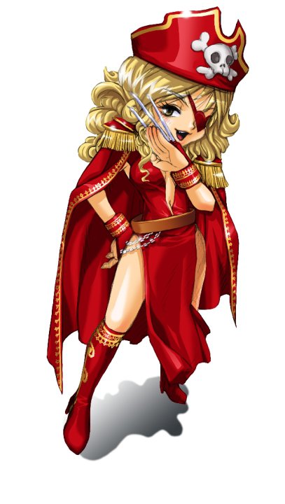 1girl absurdres alternate_costume blonde_hair bonny_(mini_fighter) breasts brown_eyes claws cloak eyepatch happy heart long_hair looking_at_viewer medium_breasts mini_fighter official_art open_mouth pirate pirate_hat red_boots red_dress red_gloves solo