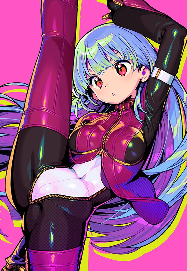 arm_up blue_hair breasts covered_navel kula_diamond leg_up long_hair medium_breasts pink_background red_eyes shunin simple_background split standing standing_on_one_leg standing_split the_king_of_fighters