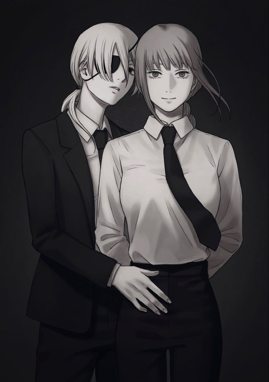 2girls arms_behind_back bangs black_eyepatch black_neckwear black_pants black_suit braid braided_ponytail breasts brown_hair business_suit chainsaw_man collared_shirt couple dark_background formal hand_on_another's_waist highres light_smile long_hair long_sleeves makima_(chainsaw_man) medium_breasts monochrome multiple_girls necktie office_lady pants ponytail quanxi_(chainsaw_man) ringed_eyes romance shirt shirt_tucked_in smile suit white_shirt yuko666 yuri