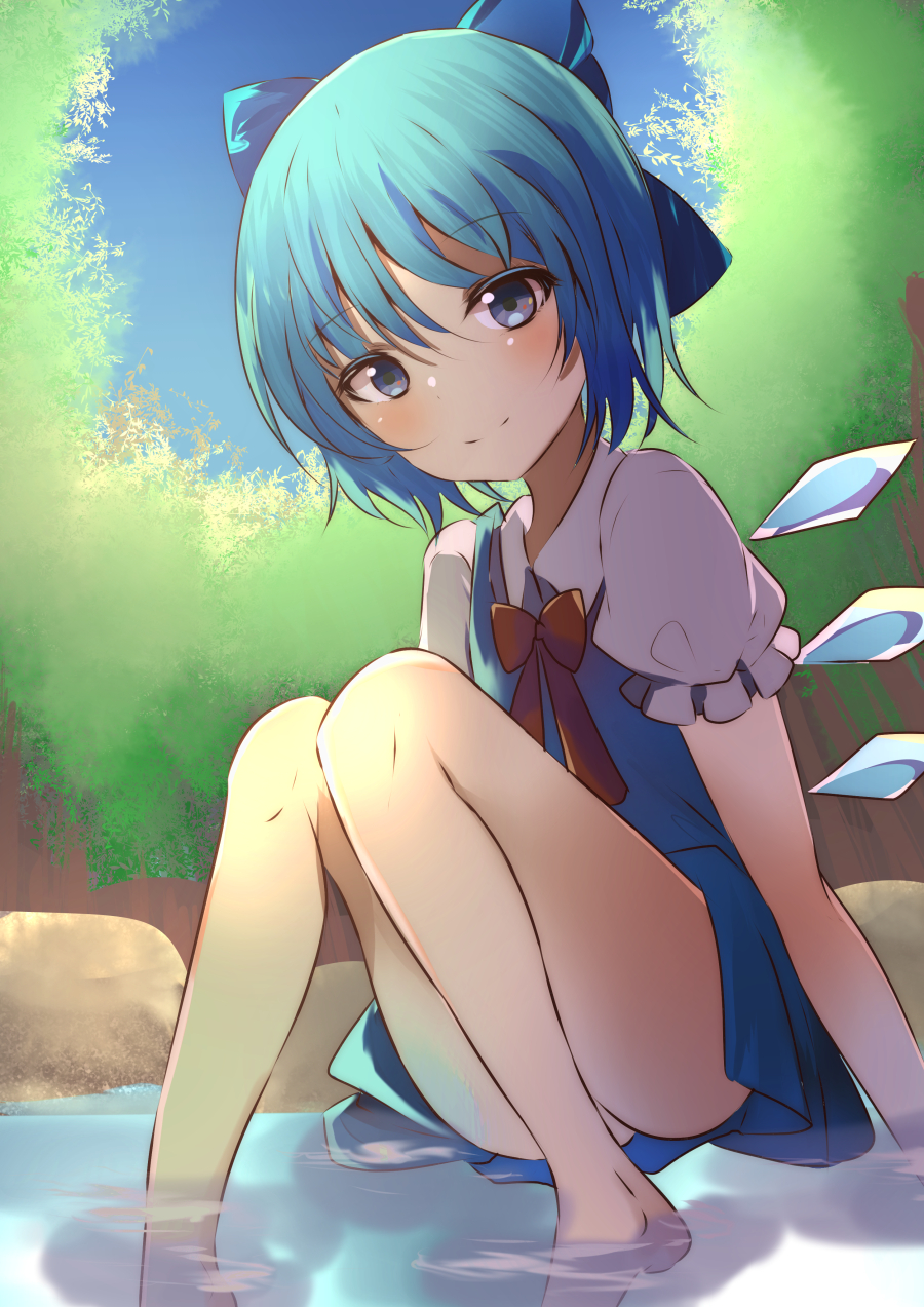 1girl bangs barefoot blue_dress blue_eyes blue_hair blue_sky bow bowtie cirno commentary_request day dress eyebrows_visible_through_hair forest hair_ribbon head_tilt highres knees_together_feet_apart knees_up light_blush looking_at_viewer natsume_suzuri nature outdoors pinafore_dress puffy_short_sleeves puffy_sleeves red_neckwear ribbon rock shirt short_hair short_sleeves sitting sky smile soaking_feet solo touhou water white_shirt wings