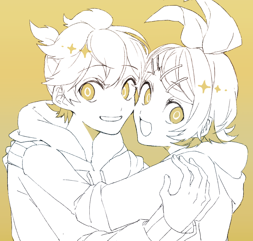 1boy 1girl bow brother_and_sister cheek-to-cheek eiku grin hair_bow hair_ornament hairclip hood hoodie hug kagamine_len kagamine_rin looking_at_viewer looking_back monochrome open_mouth short_hair short_ponytail siblings sketch smile twins vocaloid yellow_background yellow_eyes