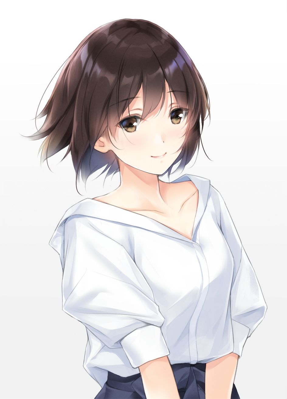 1girl breasts brown_eyes brown_hair highres looking_at_viewer medium_breasts nayuta69 original shirt shirt_tug short_hair simple_background smile solo upper_body white_background white_shirt