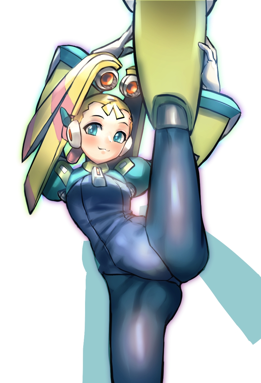 1girl :3 android blonde_hair blue_eyes blush breasts capcom dgrp_(minhduc12333) highres leg_up palette_(rockman) robot_ears rockman rockman_x simple_background small_breasts smile solo split standing standing_on_one_leg standing_split white_background