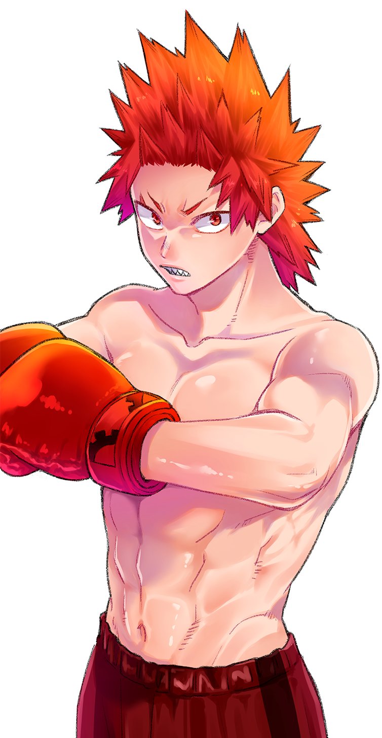 1boy 310_mha alternate_costume boku_no_hero_academia boxing_gloves collarbone cowboy_shot gloves highres kirishima_eijirou looking_at_viewer male_focus navel pectorals red_eyes red_gloves red_shorts redhead sharp_teeth shirtless shorts simple_background solo spiky_hair symbol_commentary teeth upper_body white_background