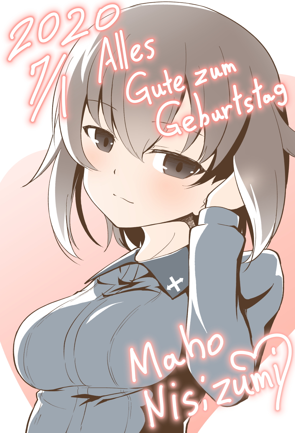 1girl bangs blush brown_eyes brown_hair character_name closed_mouth commentary dated dress_shirt eyebrows_visible_through_hair german_text girls_und_panzer grey_shirt hand_in_hair happy_birthday highres insignia kuromorimine_school_uniform long_sleeves looking_at_viewer nishizumi_maho rebirth42000 school_uniform shirt short_hair smile solo upper_body wing_collar