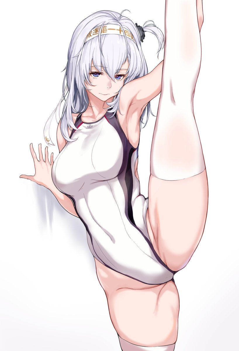 1girl armpits bangs blue_eyes blush breasts clothes_writing covered_navel eyebrows_visible_through_hair flexible groin hachimaki hair_between_eyes headband highleg highleg_leotard highres kantai_collection leg_lift leg_up leotard long_hair looking_at_viewer medium_breasts one_side_up osterei silver_hair smile solo split standing standing_on_one_leg standing_split suzutsuki_(kantai_collection) thigh-highs thighs
