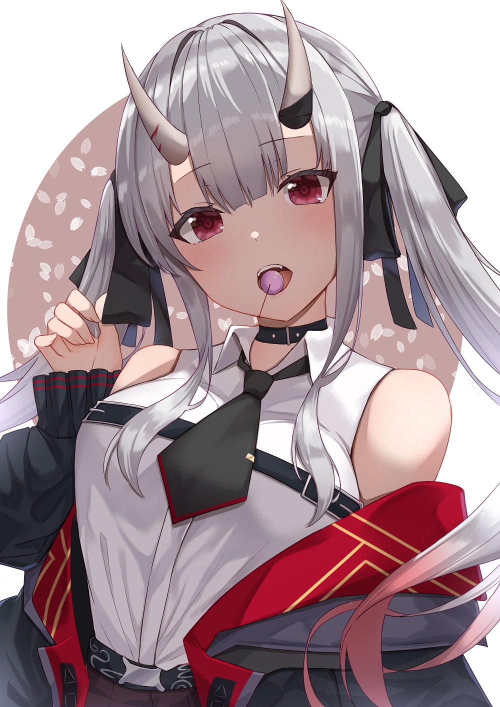 1girl black_choker black_jacket black_neckwear black_ribbon blush breasts candy choker collared_shirt commentary eyebrows_visible_through_hair food gradient_hair hair_ribbon head_tilt highres hololive horns jacket lollipop long_hair looking_at_viewer medium_breasts menmen13s mouth_hold multicolored_hair nakiri_ayame necktie off_shoulder official_alternate_costume oni_horns open_clothes open_jacket open_mouth red_eyes redhead ribbon shirt shirt_tucked_in short_necktie silver_hair simple_background sleeveless sleeveless_shirt solo streaked_hair twintails two-sided_fabric two-sided_jacket two-tone_hair upper_body virtual_youtuber white_background white_shirt wing_collar