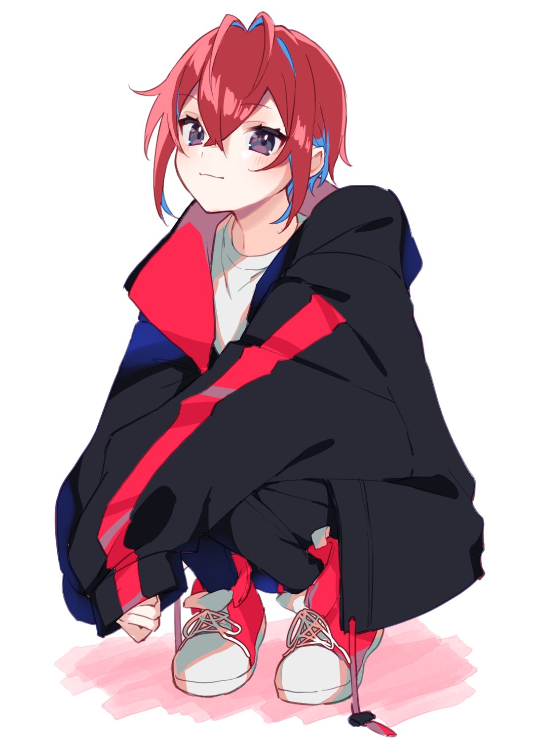 1boy bangs eamek3 hair_between_eyes highres jacket long_sleeves looking_at_viewer male_focus oversized_clothes redhead riddle_rosehearts shirt shoes short_hair simple_background smile sneakers solo twisted_wonderland violet_eyes white_background