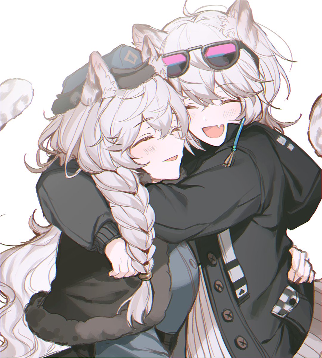 2girls :d ^_^ animal_ear_fluff animal_ears arknights bangs blush braid breasts capelet cliffheart_(arknights) closed_eyes eyebrows_visible_through_hair eyewear_on_head fang fur-trimmed_capelet fur_trim hair_between_eyes hat highres hug jacket leopard_ears leopard_tail long_hair multiple_girls open_clothes open_jacket open_mouth pramanix_(arknights) short_hair siblings side_braid silver_hair smile sunglasses tail tinted_eyewear very_long_hair winter_clothes