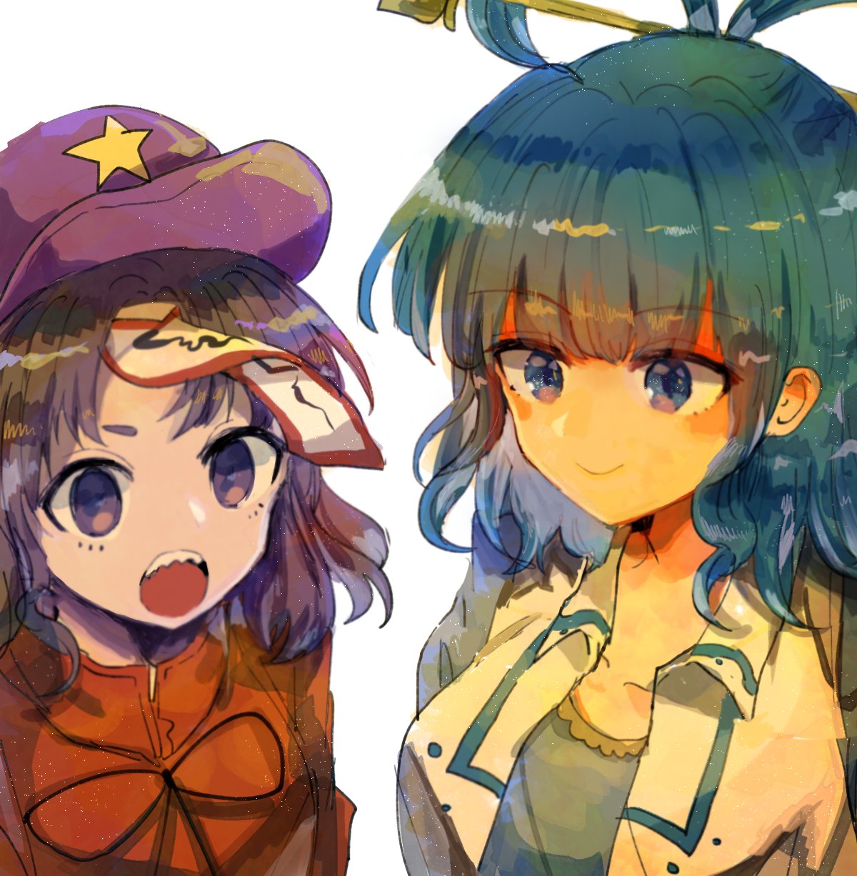 2girls bangs black_neckwear black_ribbon blue_dress blue_eyes blue_hair breasts cabbie_hat collar collared_shirt collared_vest dress eyebrows_visible_through_hair frilled_dress frills hair_ornament hair_rings hair_stick hat highres jiangshi kaku_seiga kujikimi looking_to_the_side medium_breasts miyako_yoshika multiple_girls ofuda open_mouth popped_collar puffy_sleeves purple_hair purple_headwear red_shirt ribbon sharp_teeth shirt short_eyebrows short_hair small_breasts smile star_(symbol) teeth touhou upper_body vest violet_eyes white_background white_vest