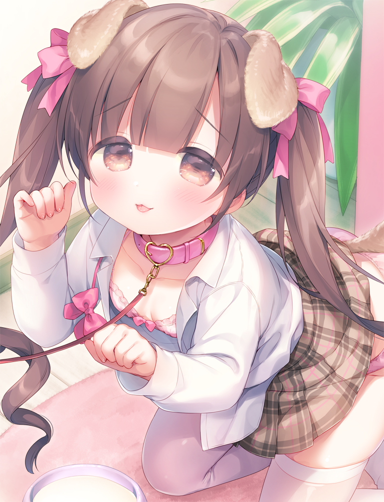 1girl :p animal_ears bangs blush bow bow_bra bowl bra breasts brown_eyes brown_hair brown_skirt closed_mouth collar collarbone collared_shirt commentary_request dog_collar dog_ears dog_girl dog_tail eyebrows_visible_through_hair hands_up kneeling leash long_hair long_sleeves looking_at_viewer milk open_clothes open_shirt original panties pet_bowl pink_bow pink_bra pink_collar pink_panties plaid plaid_skirt pleated_skirt shirt skirt skirt_lift sleeves_past_wrists small_breasts smile solo tail thigh-highs tongue tongue_out twintails underwear usashiro_mani very_long_hair white_legwear white_shirt
