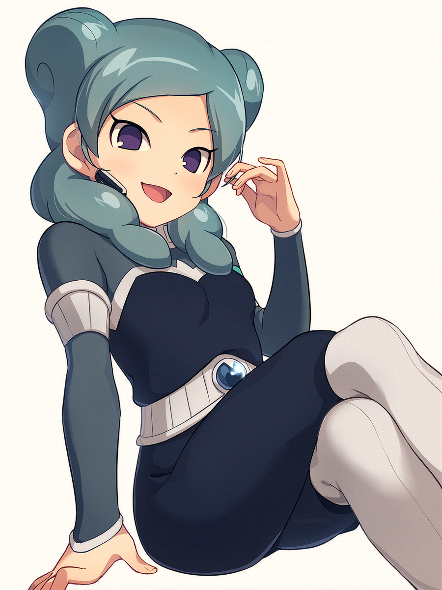 1girl :d aqua_hair armband beta_(inazuma_eleven) breasts commentary_request crossed_legs highres inazuma_eleven_(series) inazuma_eleven_go inazuma_eleven_go_chrono_stone long_hair long_sleeves looking_at_viewer no_pupils open_mouth protocol_omega sayshownen simple_background sitting small_breasts smile solo violet_eyes white_background white_legwear