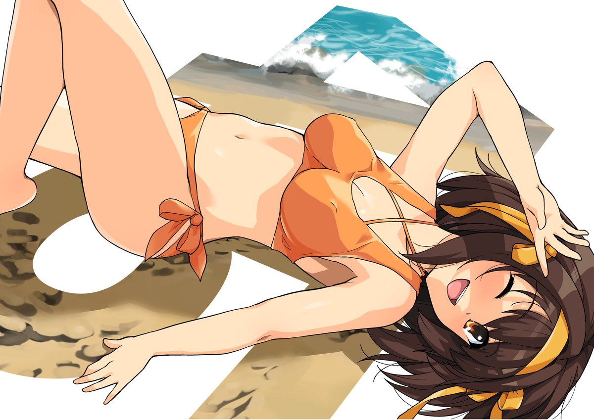 1girl bangs bare_arms bare_shoulders bikini blush breasts brown_eyes brown_hair commentary_request eyebrows_visible_through_hair hair_ornament hairband haruhisky looking_at_viewer lying medium_breasts navel on_back one_eye_closed open_mouth orange_bikini parted_lips shiny shiny_skin short_hair simple_background smile solo suzumiya_haruhi suzumiya_haruhi_no_yuuutsu swimsuit thighs