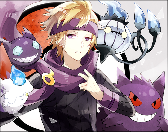 1boy black_sweater blonde_hair chandelure commentary_request gen_1_pokemon gen_3_pokemon gen_5_pokemon gengar hand_up headband holding holding_clothes holding_scarf litwick long_sleeves morty_(pokemon) parted_lips pokemon pokemon_(creature) pokemon_(game) pokemon_hgss purple_headband purple_scarf ribbed_sweater sableye scarf sweater upper_body waltz_(tram)