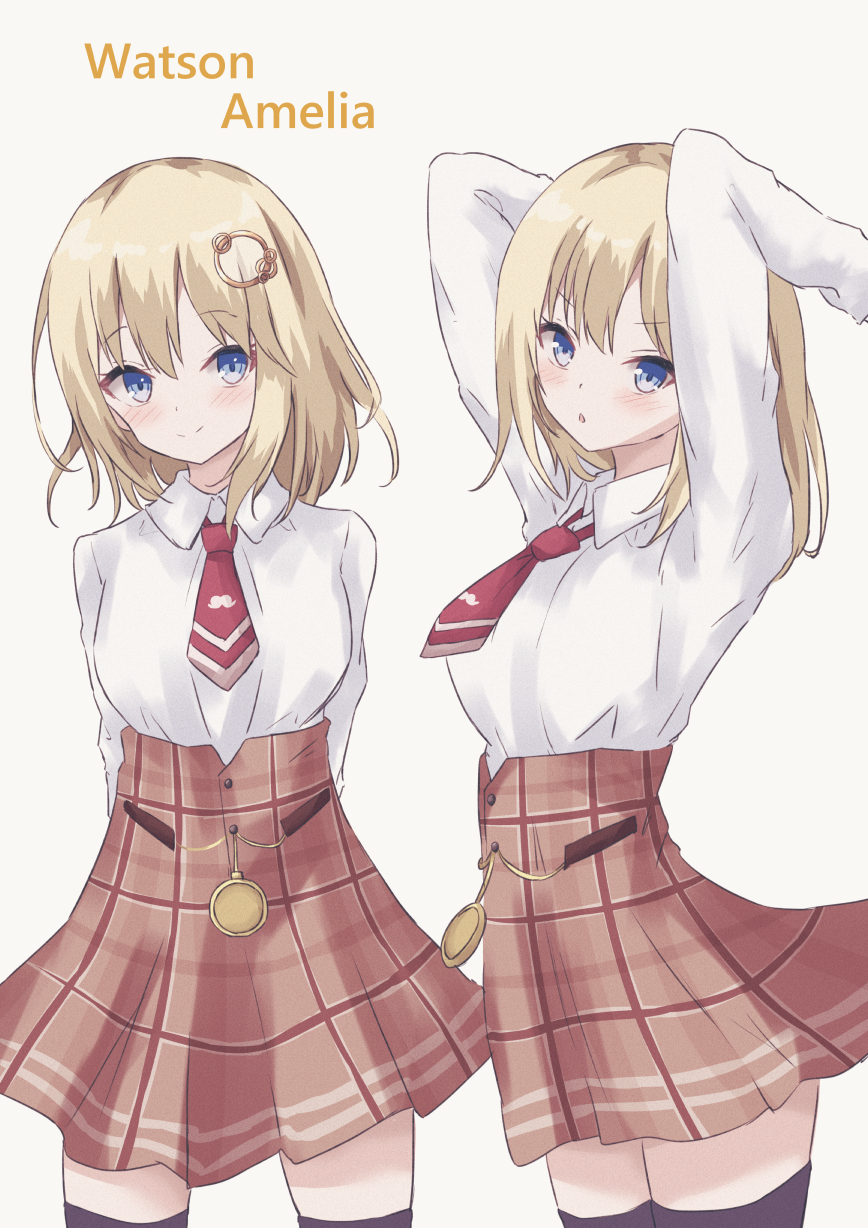 arms_behind_back arms_up bangs blonde_hair blue_eyes bow breasts brown_bow brown_legwear brown_skirt chestnut_mouth closed_mouth collared_shirt cowboy_shot detective eyebrows_visible_through_hair hair_ornament hand_in_hair hayashi_maka high-waist_skirt highres hololive hololive_english light_blush long_sleeves looking_at_viewer medium_hair monocle monocle_hair_ornament multiple_views mustache_print necktie open_mouth plaid plaid_skirt pocket_watch red_neckwear shirt skirt smile straight_hair thigh-highs virtual_youtuber watch watson_amelia white_background white_shirt