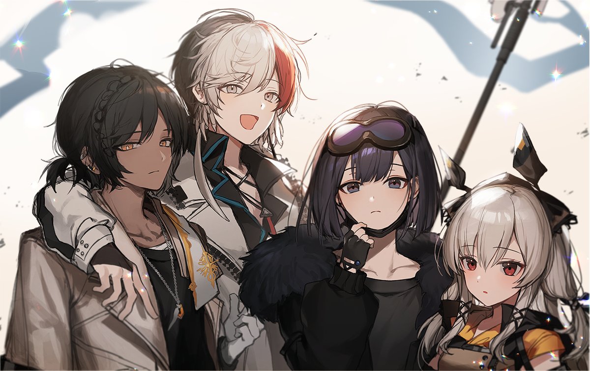 :d andreana_(arknights) arknights bangs bare_shoulders black_gloves black_hair black_jacket black_shirt blue_eyes blush breasts coat collarbone dark_skin dark_skinned_male detached_sleeves dress earrings elysium_(arknights) expressionless fingerless_gloves fur-trimmed_jacket fur_trim gloves goggles goggles_on_head grey_dress hair_ornament hairband hand_up holding holding_staff jacket jewelry long_hair long_sleeves looking_at_viewer multicolored_hair multiple_piercings necklace open_clothes open_coat open_jacket open_mouth orange_eyes purple_hair red_eyes redhead ribbon shirt short_hair silver_hair smile staff streaked_hair thorns_(arknights) upper_body very_long_hair weedy_(arknights) white_coat