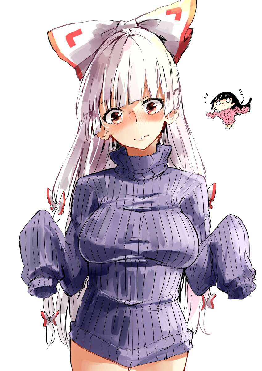 2girls bangs black_hair blush bow chibi deetamu fujiwara_no_mokou highres hime_cut houraisan_kaguya looking_down multiple_girls no_pants sleeves_past_fingers sleeves_past_wrists sweater touhou triangle_mouth turtleneck turtleneck_sweater white_hair