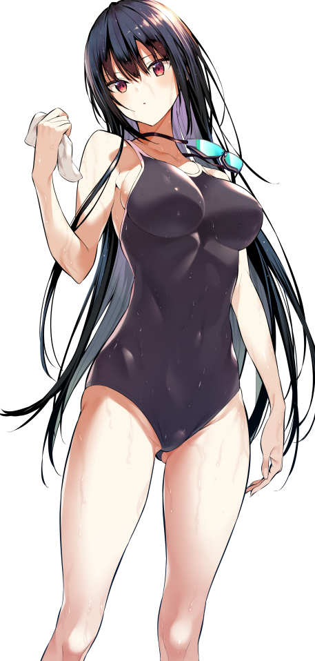 1girl ass_visible_through_thighs bare_legs black_hair black_swimsuit breasts covered_navel cowboy_shot goggles goggles_around_neck hair_between_eyes haitekudasai_takamine-san hiiragi_yuuichi holding holding_towel large_breasts long_hair looking_at_viewer one-piece_swimsuit red_eyes sideboob simple_background skin_tight solo straight_hair swimsuit takamine_takane thighs towel wet white_background