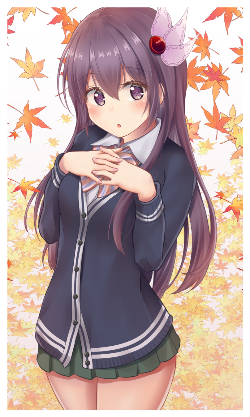 1girl alternate_costume autumn autumn_leaves blush breasts brown_hair cardigan eyebrows_visible_through_hair falling_leaves green_skirt grey_sweater hair_between_eyes highres kantai_collection kisaragi_(kantai_collection) leaf long_hair long_sleeves looking_at_viewer minakami_mimimi neckerchief open_mouth pleated_skirt ribbon school_uniform shirt skirt small_breasts solo sweater violet_eyes white_shirt