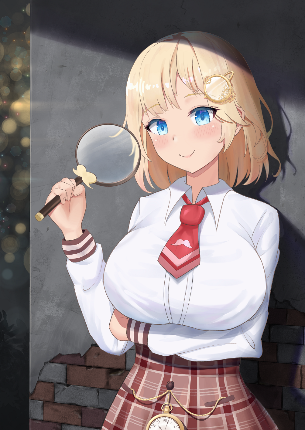 1girl arm_under_breasts bangs blonde_hair blue_eyes blush breasts closed_mouth collared_shirt commentary_request detective eyebrows_visible_through_hair hair_ornament highres holding hololive hololive_english huge_breasts long_sleeves looking_at_viewer magnifying_glass medium_hair monocle_hair_ornament mustache_print necktie outdoors peterchuu plaid plaid_skirt red_neckwear shirt skirt smile solo stone_wall virtual_youtuber wall watson_amelia white_shirt