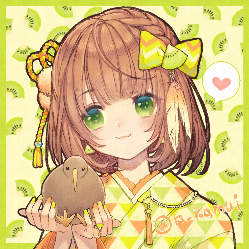 1girl :3 animal bird bob_cut border bow braid brown_hair crown_braid earrings eyebrows_visible_through_hair feathers food fruit green_background green_border green_eyes green_nails hair_bow hair_feathers hair_ornament heart holding holding_animal holding_bird japanese_clothes jewelry kimono kiwi kiwifruit looking_at_another multicolored multicolored_nails n_kamui orange_nails original print_kimono ring short_hair smile solo speech_bubble spoken_heart symbol_commentary twitter_username